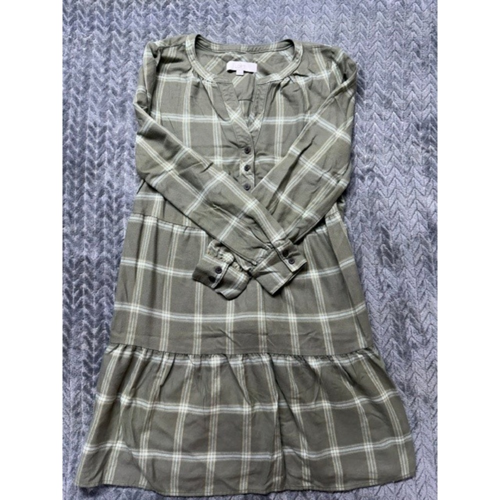 Loft Women Green Plaid Tiered Long Sleeve Mini Dress Size Medium 0603